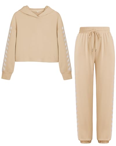 DAXIANG Girls' Clothing Sets 2 Piece Outfits Crop Tops Hoodies Long Sleeve Fashion Sweatshirts and Sweatpants Beige 9-10 Years