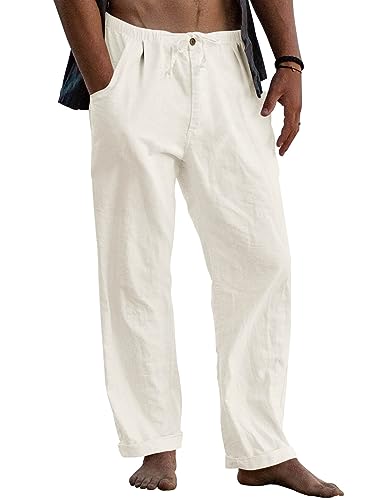 Gafeng Mens Linen Pants Yoga Beach Loose Fit Casual Elastic