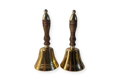 Set of Two Elegant 18cm Aluminium Library Hand Bell with Antique Brass Finish and Wooden Handle