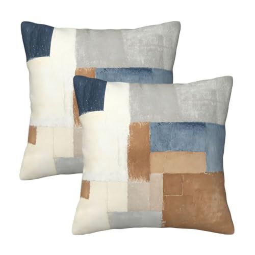 Tebjh Abstract Blue Brown Grey Geometric Throw Pillow Covers 18x18 Set of 2 Decorative Cushion Case for Couch Sofa Living Room