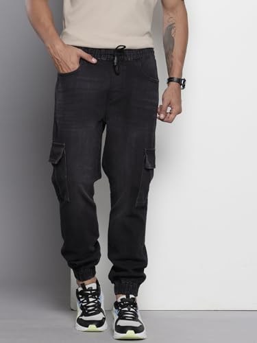 Image of The Indian Garage Co Men Regular Fit Solid Mid-Rise Stretchable Denim Cargo Joggers