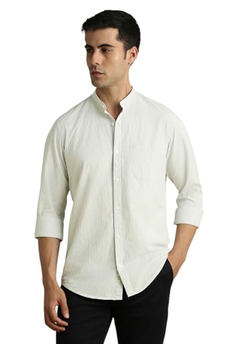 Image of Peter England Men's Casual Mandarin Collar Slim fit Full Sleeve Shirt in 100% Cotton Seersucker with Striped Design