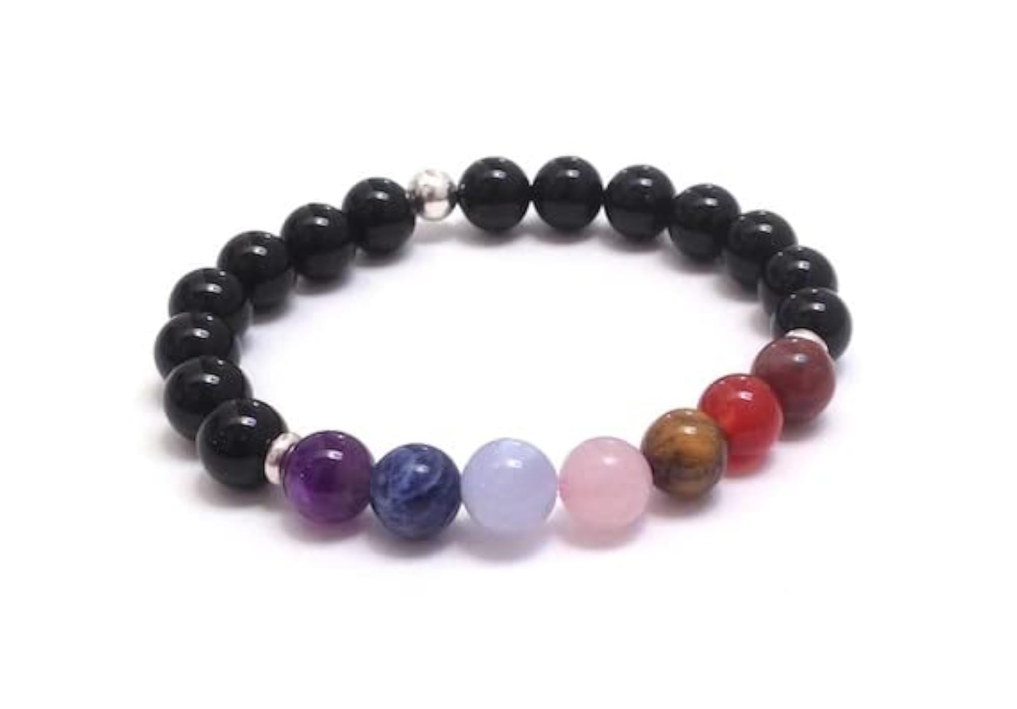 Natural 7 Chakra & Black Spinel Gemstone Stretch Bracelet, Unisex Healing