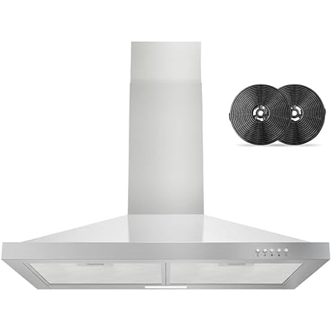 FIREGAS Range Hood 30 inch Wall Mount with Ducted/Ductless Convertible, 450 CFM Stainless Steel Chimney-Style Kitchen Hood, Over Stove Vent Hood with 3 Speed Fan, LED Light, Charcoal Filters Cover