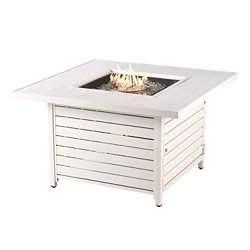 Square 42 In. X 42 In. Aluminum Propane Fire Pit Table With Glass Beads, Two Covers, Lid, 57,000 Btus In White Finish #TOP25