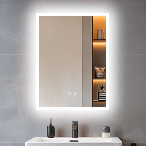 LUVODI Bathroom Mirror with LED Lights: 60 x 45 cm Rectangular Illuminated Dimmable Wall Mounted Mirror with Anti-Fog 3 Lighting Modes Memory Function Touch Switch