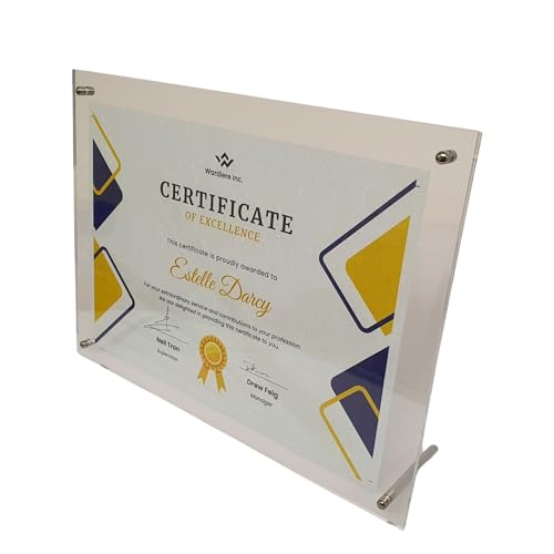 Get Acrylic Photo Frames - A4 Modern Certificate/Desktop Photo Frame Clear Acrylic Frameless Display With 4 Corner Posts and 2 Metal Supports 33.7cm x 25cm (For Landscape or Portrait)