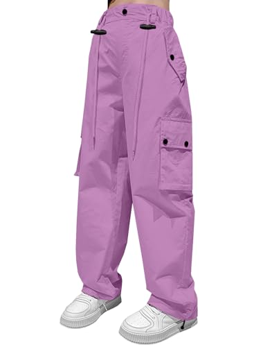 Image of HENGAO Girls Cargo Pants Parachute Casual Jogger Y2K 5-14 Years | Kids Baggy pants Parachute, Drawstring, with Pockets, Elastic High Waist, Loose Trousers Streetwear