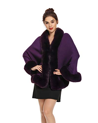 ZLYC Hiver Femme Fausse Fourrure Cape Chaud Tricoté Ponchos Mariage Châles(Violet),Taille Unique