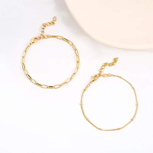 14K Gold Beaded Bracelets For Women,Dainty Gold Plated Chain Link Bracelet Stretchable Adjustable Bracelet(5Pcs)…… #TOP3