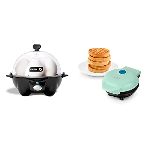 Dash DEC005BK, Poached, Scrambled Eggs, or Omelets, 6, Black & DMW001AQ Mini Maker for Individual Waffles, Hash Browns, Keto Chaffles with Easy to Clean, Non-Stick Surfaces, 4 Inch, Aqua