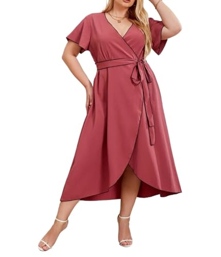 Robe grande taille col en V avec ceinture pour femme active