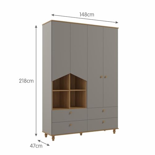 Guarda Roupa Infantil Fendi Nature Mdf Gavetas Telescópicas Pés Madeira 4 Portas Roupeiro Casinha
