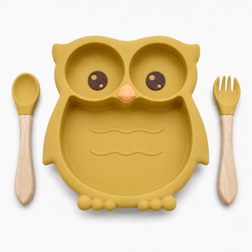 Image of BabyGo Silicone Suction Plate for Babies & Toddlers | 3-Section Owl-Shaped Feeding Set | Strong Suction Cups | BPA-Free, Microwave Safe | Self-Feeding| 1 Plate & 2 Spoons | Yellow