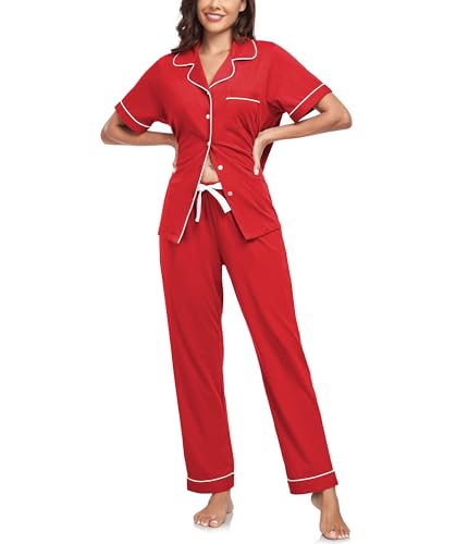 Image of CF Womens 100% Cotton Pajamas Set Button Down Pjs Sets Short Sleeve Top & Long Pants Sleepwear Comfy Loungewear with Pockets