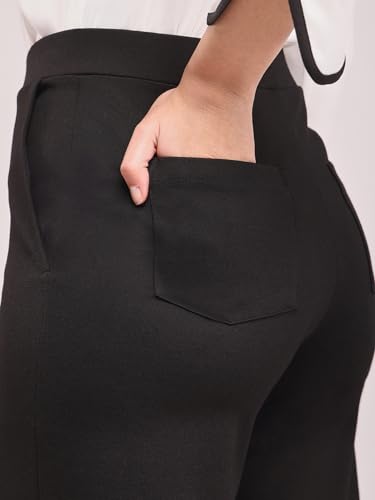 Image of FableStreet Women's Black 4 Way Stretch Livin Trousers | Wide-Leg Design with High-Rise Waist | Solid Pattern & Plain Weave Fabric | Office Wear & Business Meetings