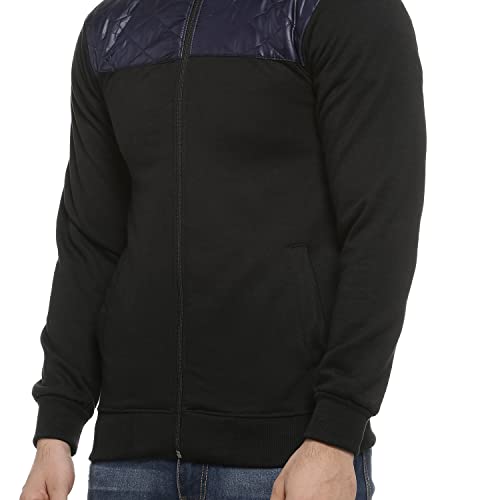 Image of Campus Sutra Men's Black Solid Colour-BlockedRegular Fit Cotton Jacket For Winter Wear | Standing Collar | Full Sleeve | Zipper | Casual Jacket For Man | Western Stylish Jacket For Men