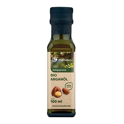 manako Aceite de argán orgánico de Marruecos, tostado, prensado en frío, 100% puro, botella de cristal de 100 ml (1 x 0,1 l)