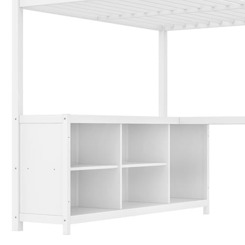 Image of Bellemave Queen loft Bed with L Desk, Wardrobe, Metal Queen Size Loft Bed Frame for Adults, Kids, Teens, White
