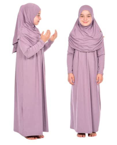 Prien Kids Prayer Dress Muslim Clothes For Girls Long Sleeve Abaya With Hijab Two Piece Maxi Islamic Set Scarf Kaftan Jilbab (Lilac) #TOP4