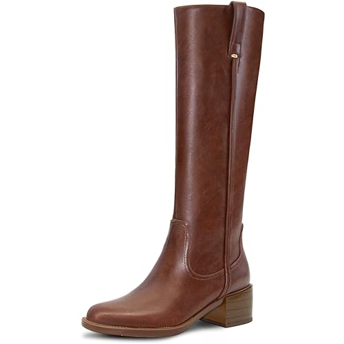Image of ITOZER Knee High Boots for Women Chunky Heel Round Toe Leather Patent Boots Low Block Heel Tall Boots With Side Zipper, Chestnut Brown, 3 UK
