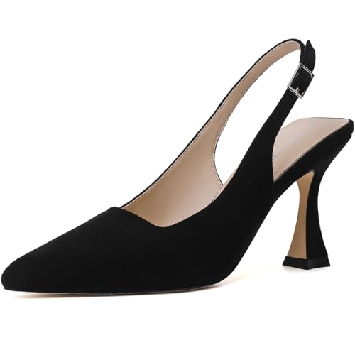 Image of Susanny Slingback Kitten Heels Elegant Dressy Pumps for Women Closed Pointy Toe Sexy Chunky High Heels Wedding Bride Prom Party Dress Shoes