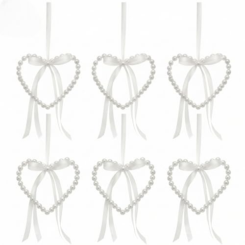 MIJOMA Lot de 6 cœurs en perles à suspendre - Couronne de cœur avec nœud en ruban de satin - Décoration de mariage - Blanc - 12 x 11 cm - Décoration romantique pour mariage, fiançailles, anniversaire