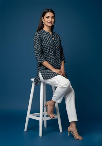 Image of Women's Cotton Printed Kurta Top | 3 /4 Sleeve Straight Kurti Casual Outings
