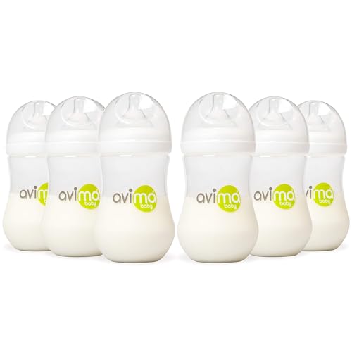 Avima Baby 9 oz Anti Colic Baby Bottles for Breastfed Babies - Medium Flow Nipples, Wide Neck Bottles, BPA Free - 3-6 Months, Stage 2 (Set of 6)