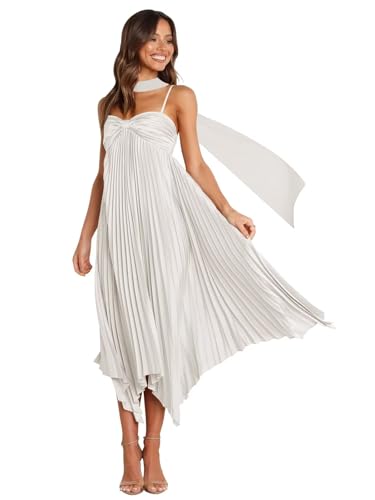 Smileven Satin Spaghetti Strap Bridesmaid Dresses with Scarf Midi Pleated Formal Wedding Guest Gowns