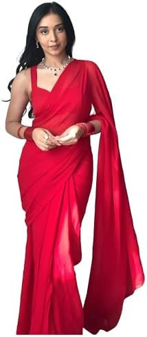 StyleScope Women's Plain Georgette Ready To Wear One Minute Saree With Unstitched Blouse Piece (Kalki)
