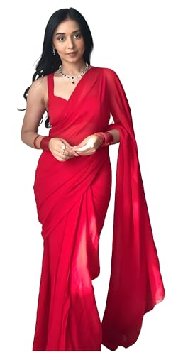 Image of StyleScope Women's Plain Georgette Ready To Wear One Minute Saree With Unstitched Blouse Piece (Kalki)