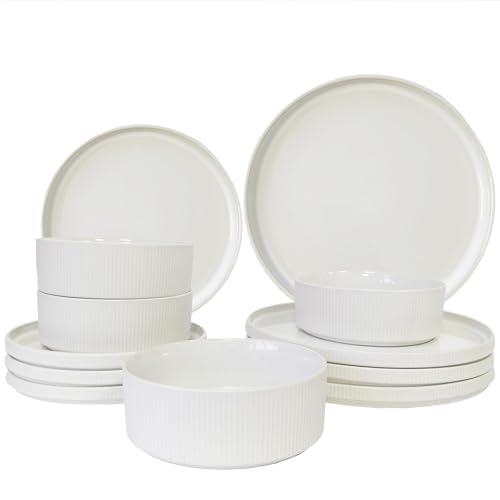 UDNORDGLOW Dinnerware Sets 12 Pcs, Ceramic Plates and Bowls Set for 4,Stoneware Chip and Scratch Resistant Dish Set, Microwave & Oven & Dishwasher Safe - Matte White