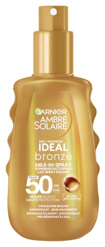 Garnier UV-Sonnenschutzspray für eine strahlende Bräune Sehr hoher Sonnenschutz mit LSF 50 Wasserfest Ambre Solaire Ideal Bronze Milk-in-Spray 1 x 150 ml