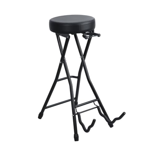 Image of Guitar Stool with Built-in Guitar Stand Foldable Musician Stool Padded Seat Integrated Footrest Retractable Hook Heavy-Duty Iron Frame for Acoustic Electric Bass Guitar Players(Black-c)
