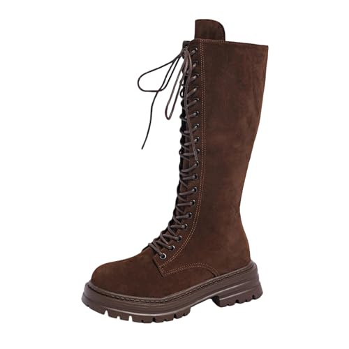 Bottes longues en daim à lacets ajustables et talon épais stable marron