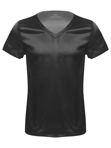 Men's V Neck Short Sleeve Satin T-Shirt Loose Pajamas Tops Solid Color Loungewear Sleepwear4
