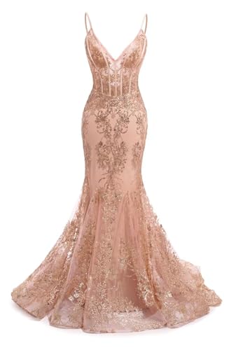 Raseal Women's Spaghetti Straps Tulle Prom Dresses Long Appliques Lace Glitter Mermaid Evening Party Dress RS0823