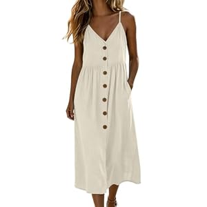 Sommerkleid Damen Midi A-Linie - V-Ausschnitt Baumwolle Trägerkleid, Boho A-Linie Strandkleid, Sommer Spaghettiträger Kleid, Leicht und Lufitg Midikleid mit Taschen