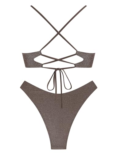 ZAFUL Women's Two Piece Swimsuit Textured U-Wired Metal Criss Cross String Bikini High Leg Bathing Suits2