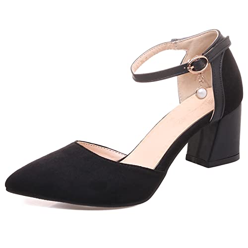 Bviennic Mujer Puntiagudo Verano Correa De Tobillo Tacón Ancho Sandalias Elegante Noche Moda Closed Toe Vestido Prom Zapatos Negro/5Cm Talla 34 Eu