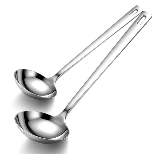 Kyraton Soup Ladle Set of 2 30cm & 24.5cm Stainless Steel Cooking Ladles Ergonomic One-Piece Serving Spoons for Home Kitchen Dishwasher Safe for Soup Sauce Noodles Daily Cooking