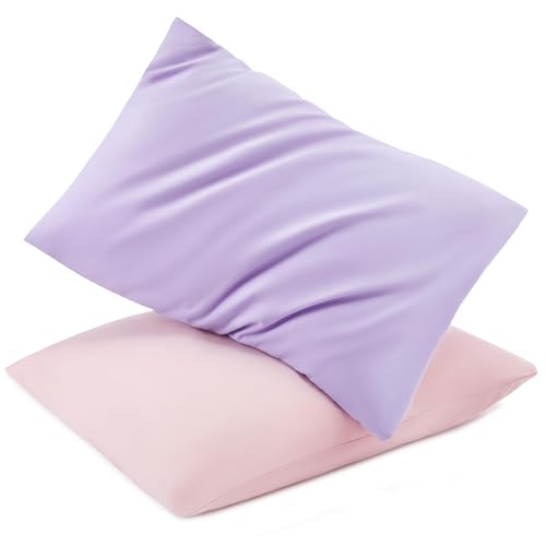Image of TILLYOU Toddler Pillowcase 2 Pack with Envelope Closure,13 inch x 18 inch Silky Soft Microfiber Travel Kids Pillowcase for Boys and Girls,Light Purple & Light Pink