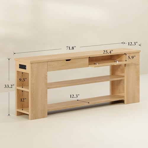 Image of 71.8 Inch Extra Long Console Table with Drawers, Farmhouse Long Console Table with Shelves & Built-in Outlets, Entryway Table with Storage for Living Room, Entryway, Hallway, Natural