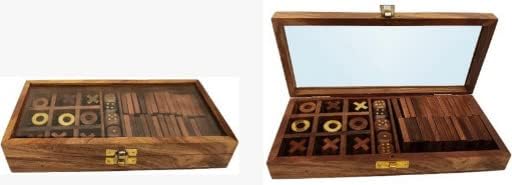 KAM Home Wooden Game Domino Dice Tic Toe Game Gifts for Christmas, Brown, Long -9.25 In x width -4.25 IN x height -1.5 INCH