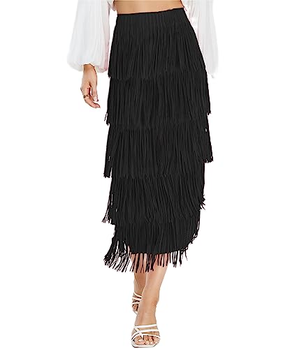 Kisidoo Womens Fringe Trim High Waist Short Pencil Bodycon Skirts Sexy Elegant Fringe Long Maxi Skirt Summer Party Slim Fitted Wear to Work Outfits Black