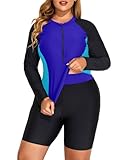 Daci 2-teiliger Damen-Badeanzug, Übergröße, langärmelig, mit Reißverschluss vorne, sportlich, Boy-Shorts, Tankini, Badeanzüge, LSF 50, Königsblau Schwarz, 22 Plus