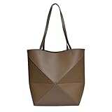 Genuine Leather Tote Bag for Women，Foldable Geometric Work Handbag，Puzzle Large Capacity Bags for Commuting (Dark Brown)