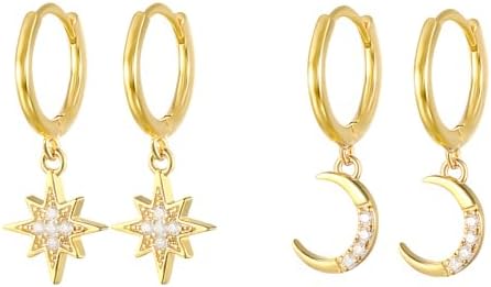 2 Pares Pendientes Oro de Plata de Ley 925 de Aro Estrella Dorado...