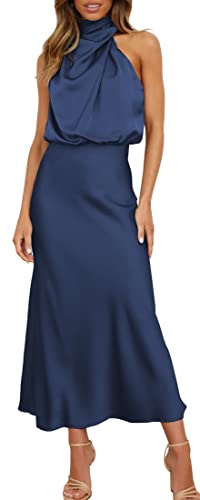 OLIPHEE Damen Satin Kleid Ärmellos Krawatte Taille Elegante Cocktail Party...
